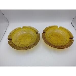 Vintage 2 Amber Glass Ashtray Round MCM Trinket Dish Birds Nest 8.75"